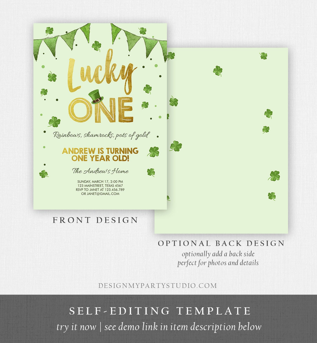 Editable St. Patrick&#39;s Day Birthday Invitation Shamrock Clover St Patricks day Birthday Lucky One Printable Invite Template Corjl 0115