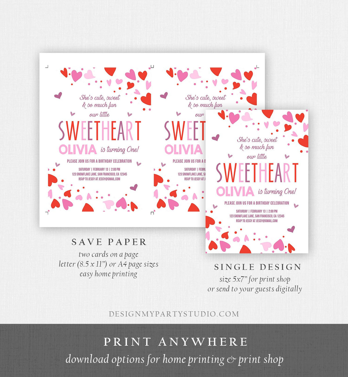 Editable Little Sweetheart Birthday Invitation Valentine Girl Hearts Pink Purple First Birthday 1st Download Corjl Template Printable 0288