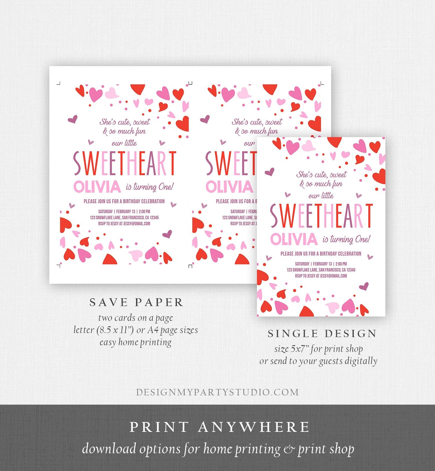 Editable Little Sweetheart Birthday Invitation Valentine Girl Hearts P - Design My Party Studio editable-little-sweetheart-birthday-invitation-valentine-girl-hearts-p-design-my-party-studio