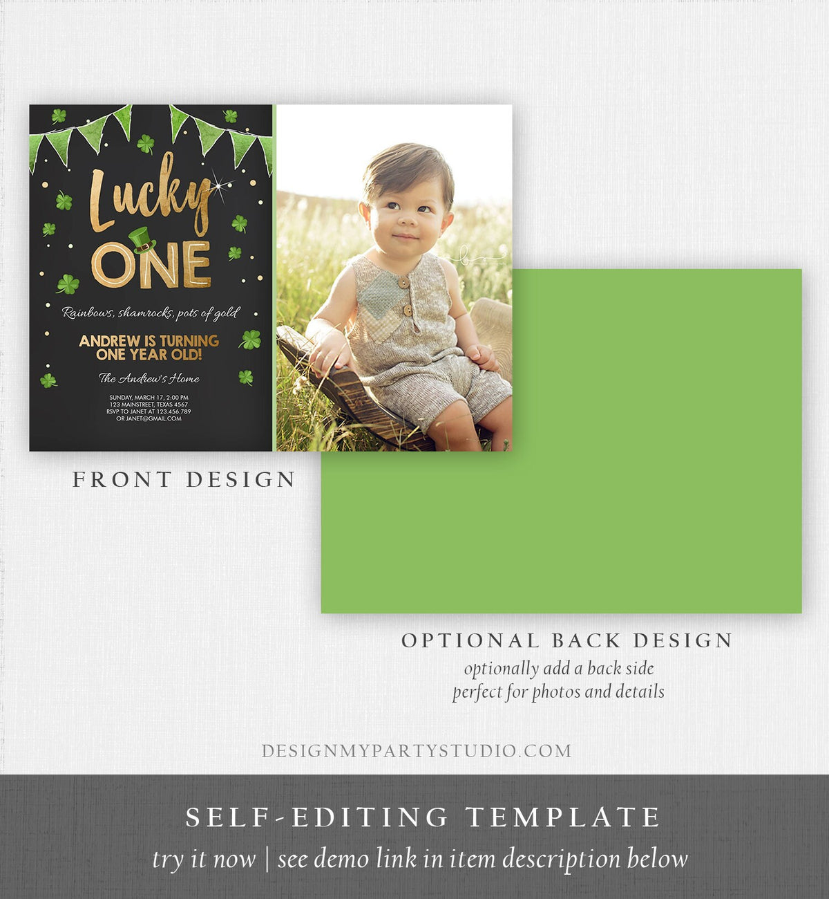 Editable St. Patrick&#39;s Day Birthday Invitation Shamrock Clover St Patricks day Birthday Lucky One Printable Invite Template Corjl 0115