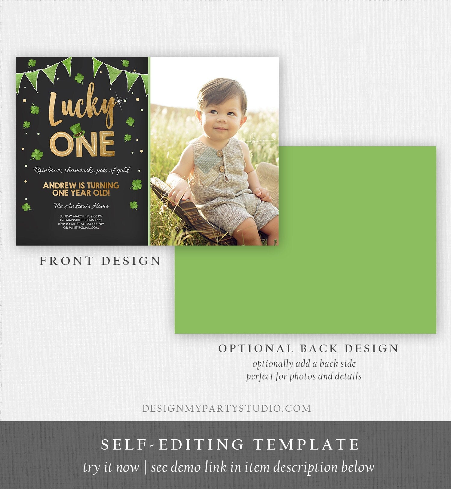 Editable St. Patrick's Day Birthday Invitation Shamrock Clover St Patricks day Birthday Lucky One Printable Invite Template Corjl 0115