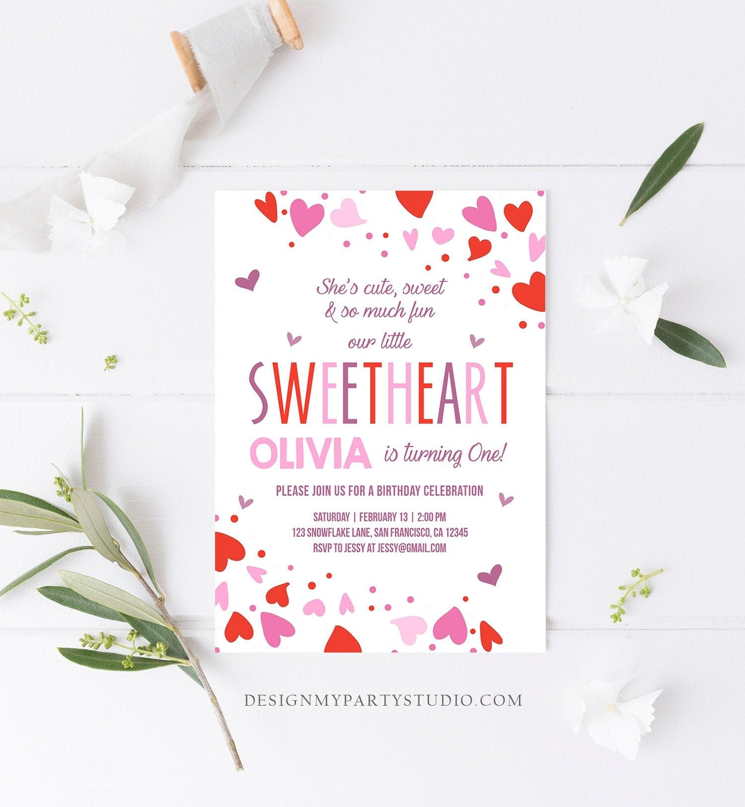 Editable Little Sweetheart Birthday Invitation Valentine Girl Hearts Pink Purple First Birthday 1st Download Corjl Template Printable 0288