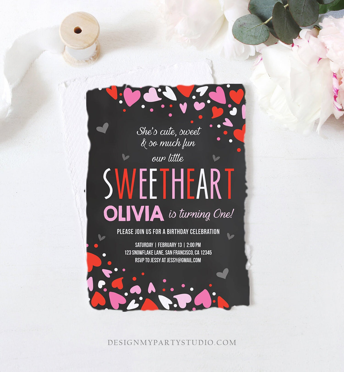 Editable Little Sweetheart Birthday Invitation Valentine Girl Hearts Pink Purple First Birthday 1st Download Corjl Template Printable 0288