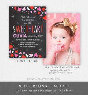 Editable Little Sweetheart Birthday Invitation Valentine Girl Hearts Pink Purple First Birthday 1st Download Corjl Template Printable 0288
