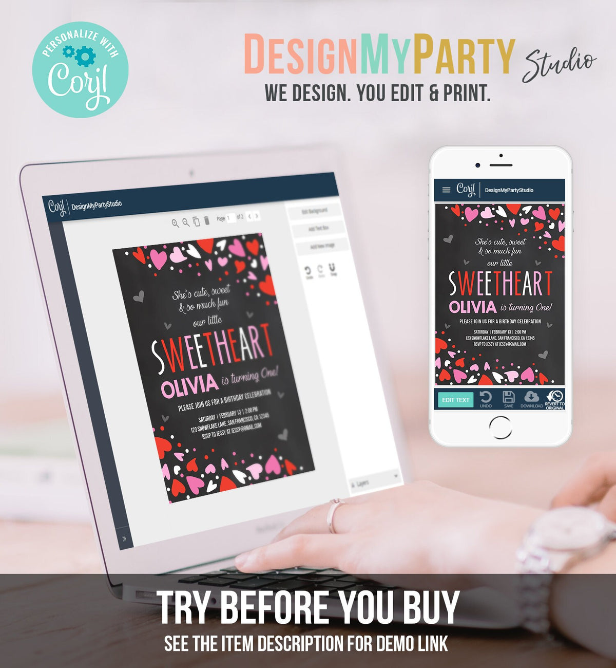 Editable Little Sweetheart Birthday Invitation Valentine Girl Hearts Pink Purple First Birthday 1st Download Corjl Template Printable 0288