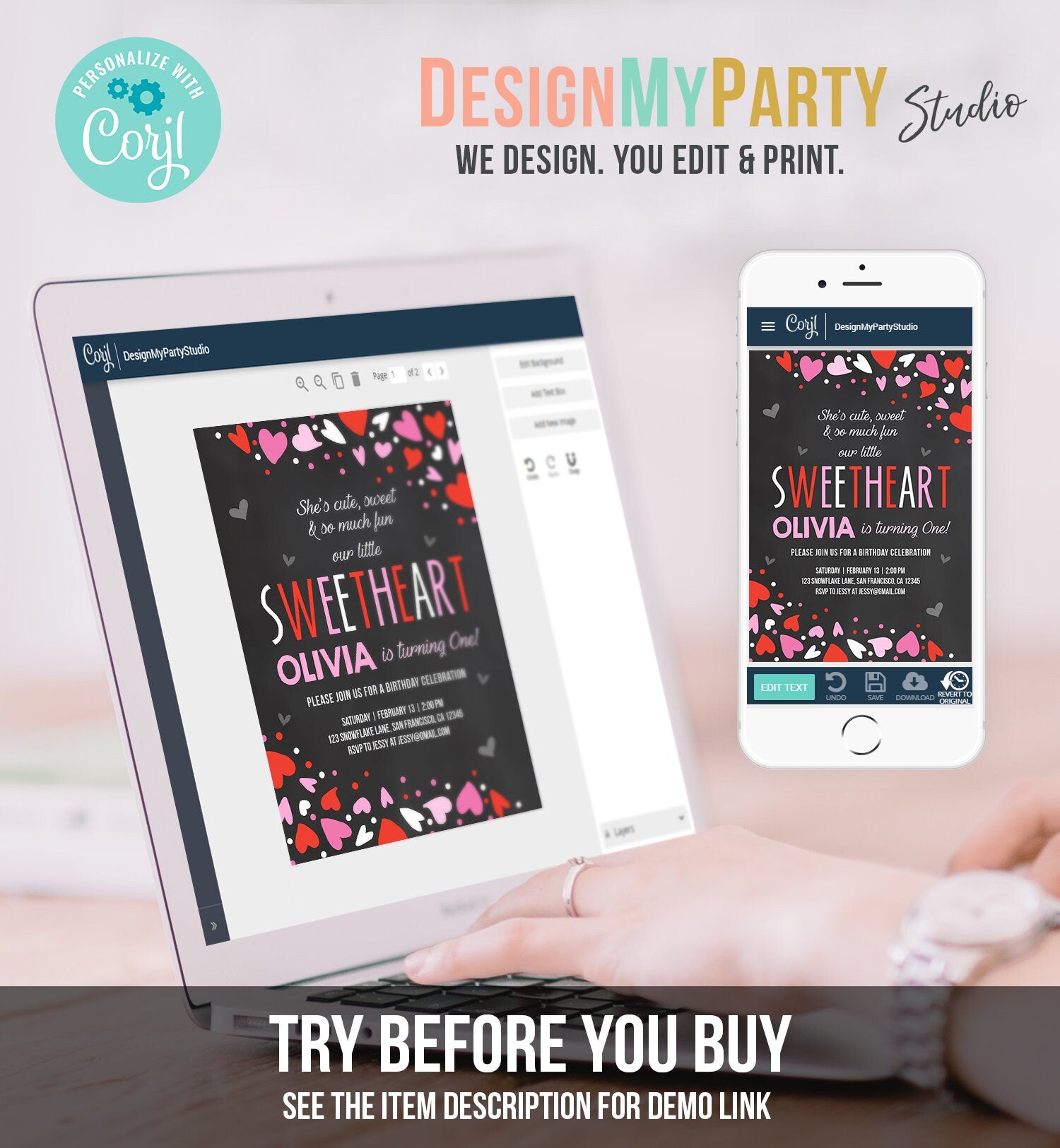 Editable Little Sweetheart Birthday Invitation Valentine Girl Hearts Pink Purple First Birthday 1st Download Corjl Template Printable 0288