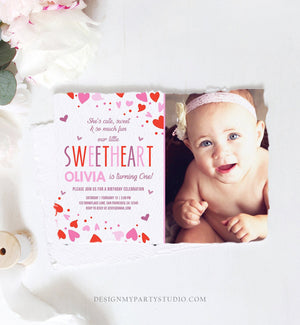 Editable Little Sweetheart Birthday Invitation Valentine Girl Hearts Pink Purple First Birthday 1st Download Corjl Template Printable 0288