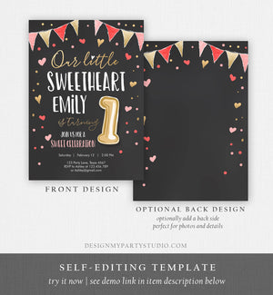 Editable Little Sweetheart Birthday Invitation Valentine Girl Hearts Pink Gold First Birthday 1st Download Corjl Template Printable 0290