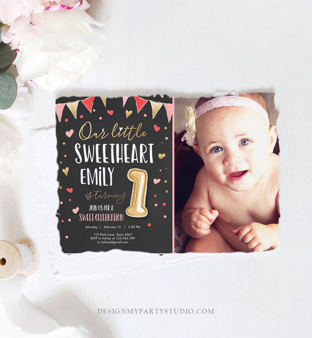 Editable Little Sweetheart Birthday Invitation Valentine Girl Hearts Pink Gold First Birthday 1st Download Corjl Template Printable 0290