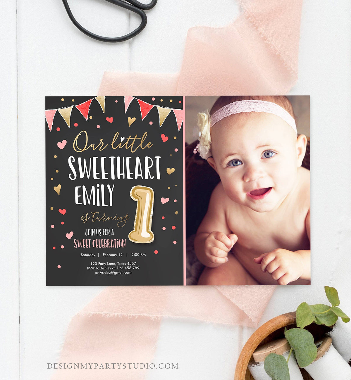 Editable Little Sweetheart Birthday Invitation Valentine Girl Hearts Pink Gold First Birthday 1st Download Corjl Template Printable 0290