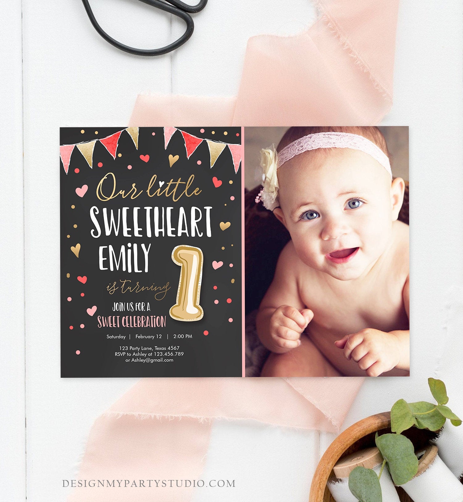 Editable Little Sweetheart Birthday Invitation Valentine Girl Hearts Pink Gold First Birthday 1st Download Corjl Template Printable 0290