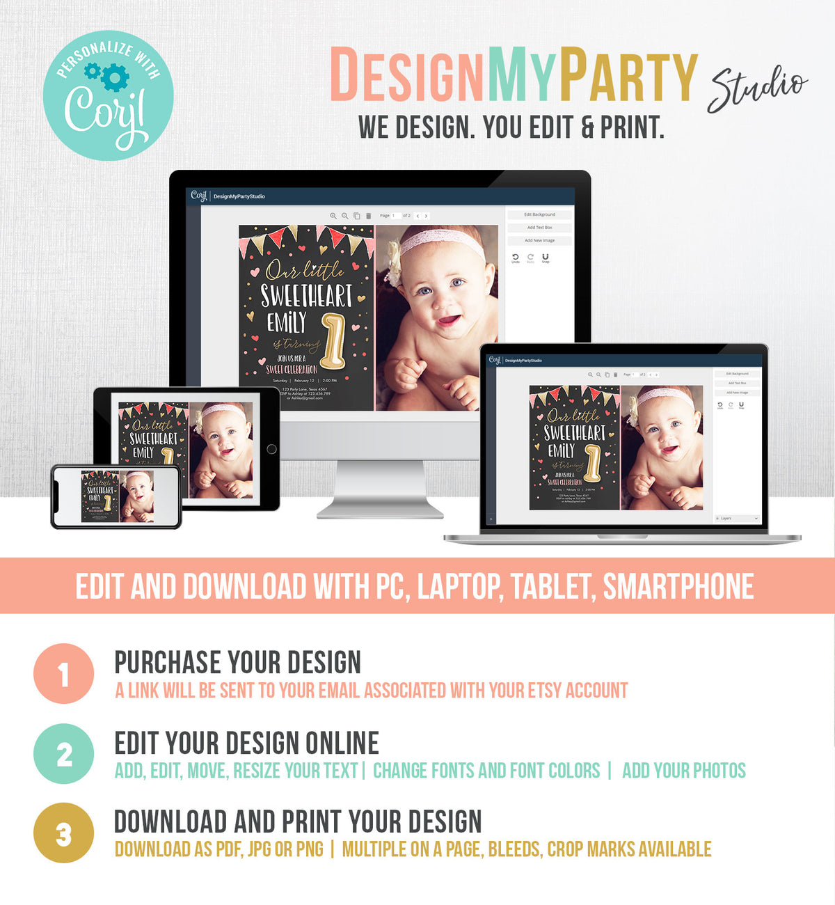 Editable Little Sweetheart Birthday Invitation Valentine Girl Hearts Pink Gold First Birthday 1st Download Corjl Template Printable 0290