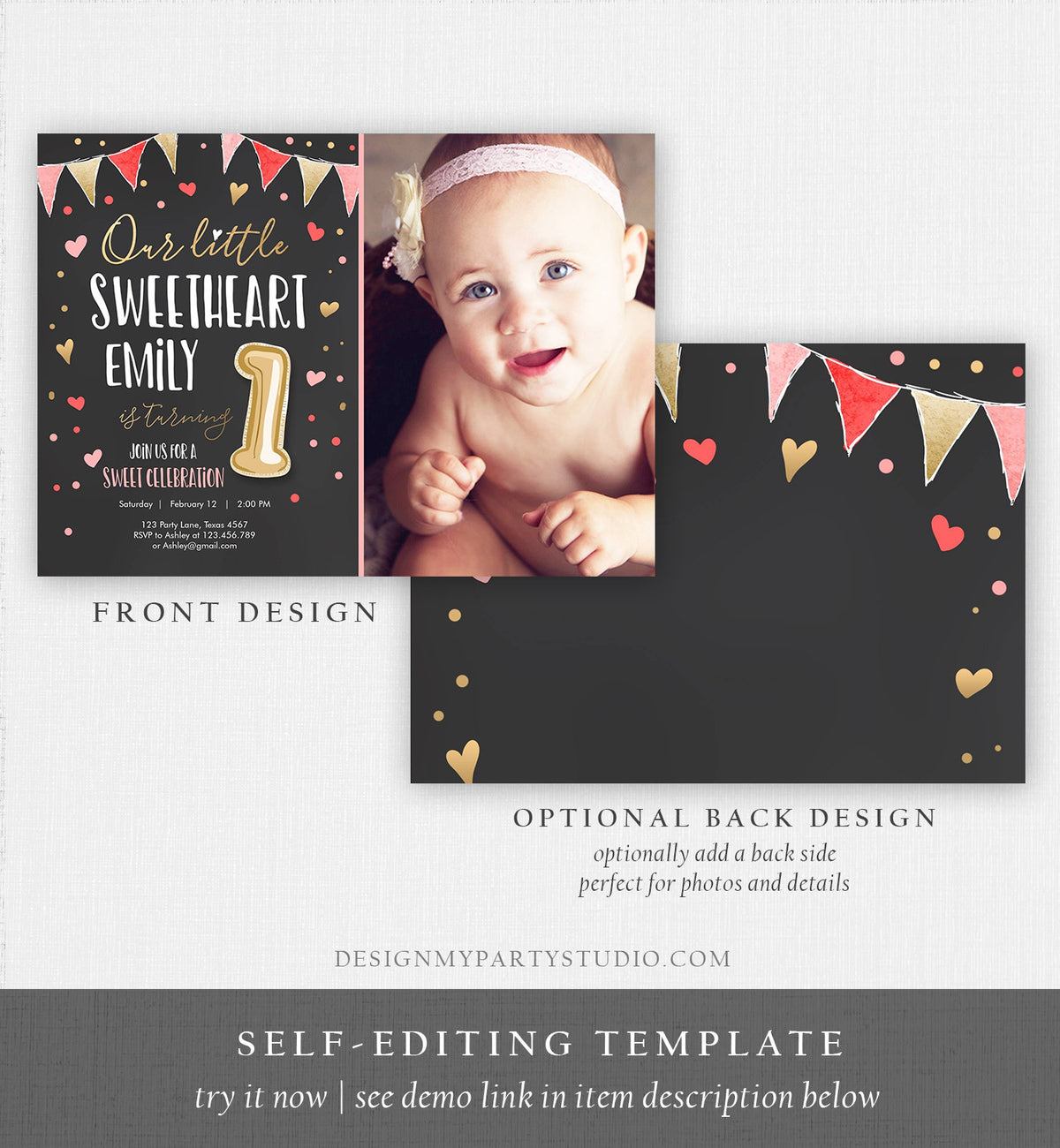 Editable Little Sweetheart Birthday Invitation Valentine Girl Hearts Pink Gold First Birthday 1st Download Corjl Template Printable 0290