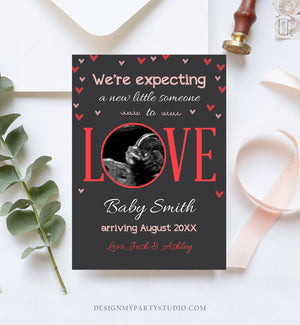 Editable Love Pregnancy Reveal Announcement Valentine Hearts Baby on the Way Pregnant Pink Girl Download Corjl Template Printable 0291