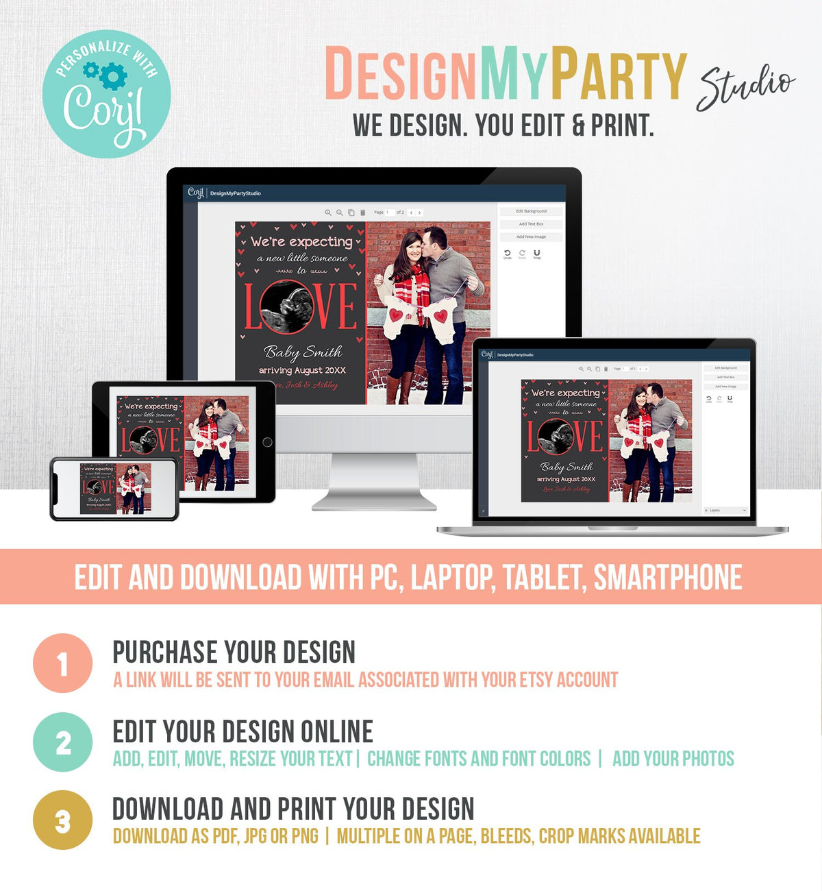 Editable Love Pregnancy Reveal Announcement Valentine Hearts Baby on the Way Pregnant Pink Girl Download Corjl Template Printable 0291