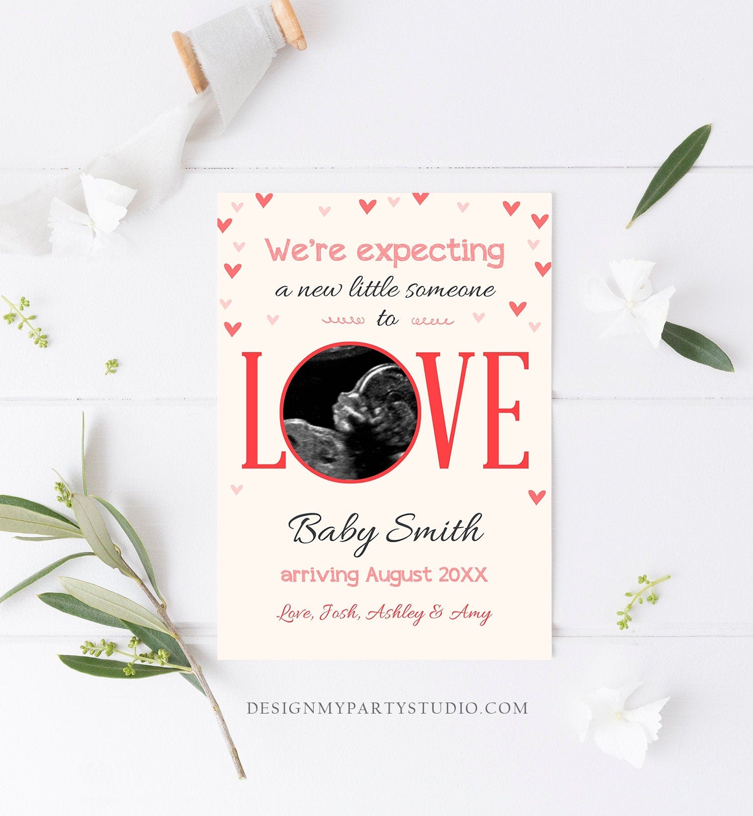 Editable Love Pregnancy Reveal Announcement Valentine Hearts Baby on the Way Pregnant Pink Girl Download Corjl Template Printable 0291