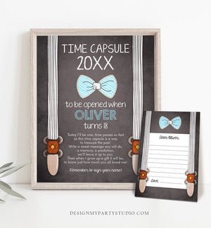 Editable Time Capsule Boy 1st Birthday Little Man First Birthday Party Bow Tie Blue Guestbook Suspenders Template Printable Corjl 0063