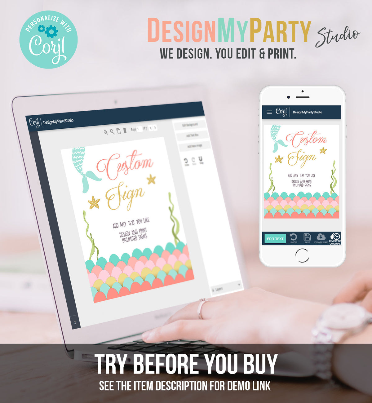 Editable Custom Sign Mermaid Birthday Decor Mermaid Tale Table Sign Girl Birthday Pink Gold Coral Mint 8x10 Download PRINTABLE Corjl 0021