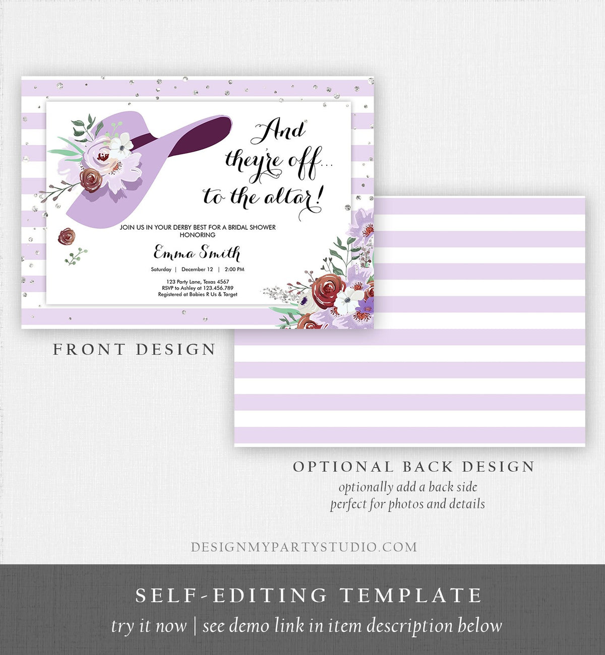 Editable Bridal Shower Invitation Derby Wear a Hat Horse races Floral Flowers Lavender Silver Glitter Download Printable Template Corjl 0249