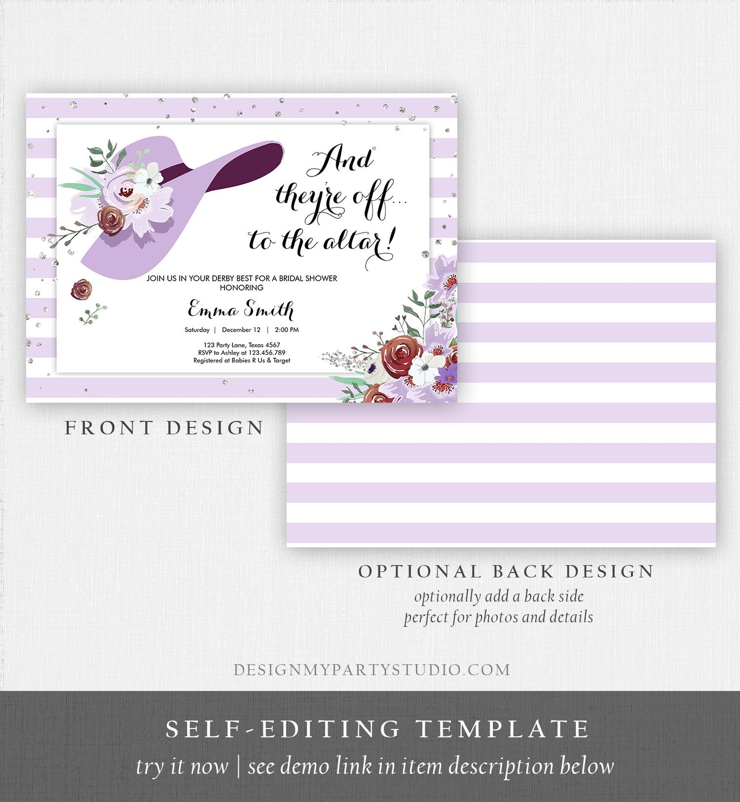 Editable Bridal Shower Invitation Derby Wear a Hat Horse races Floral Flowers Lavender Silver Glitter Download Printable Template Corjl 0249