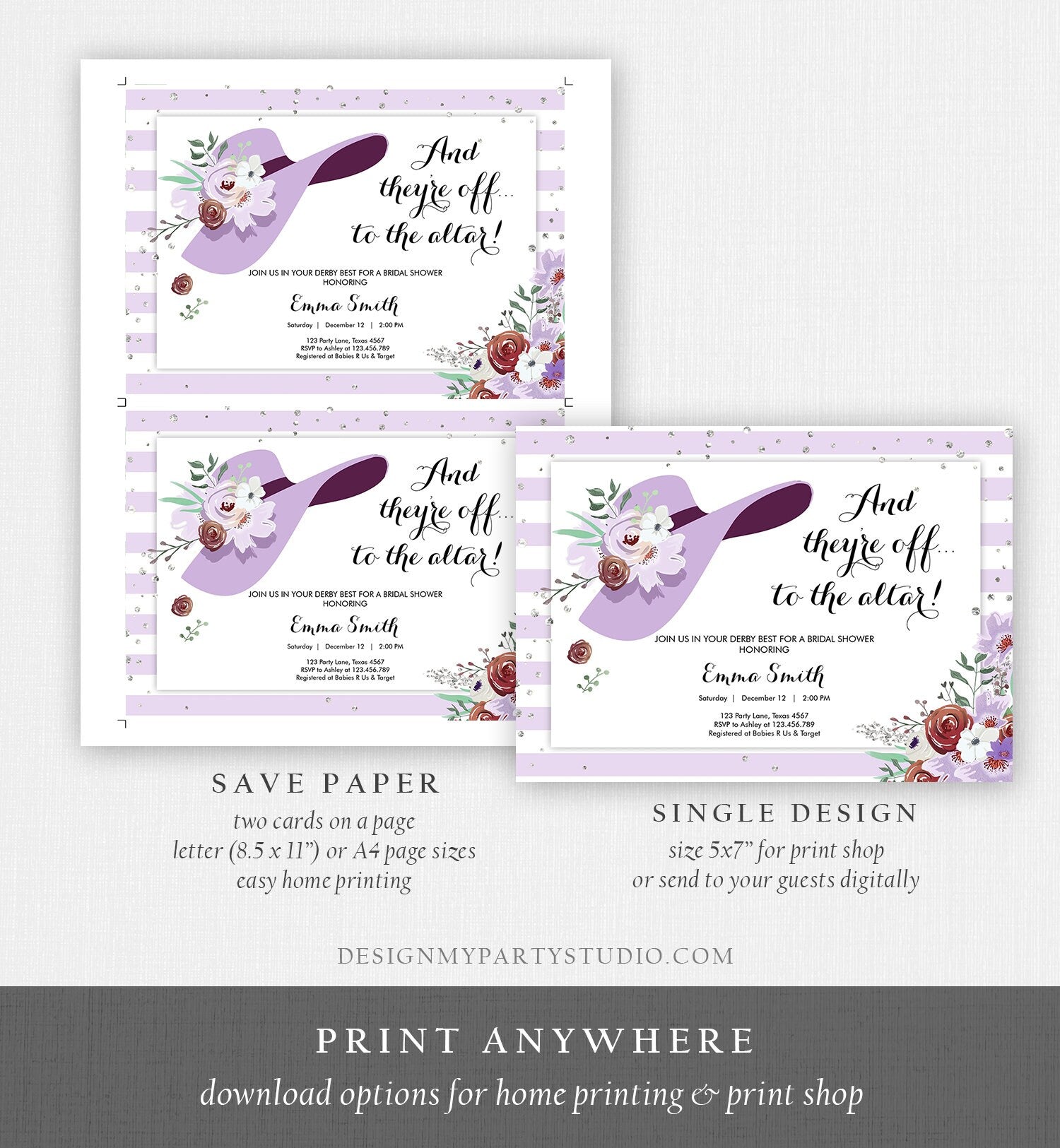 Editable Bridal Shower Invitation Derby Wear a Hat Horse races Floral Flowers Lavender Silver Glitter Download Printable Template Corjl 0249