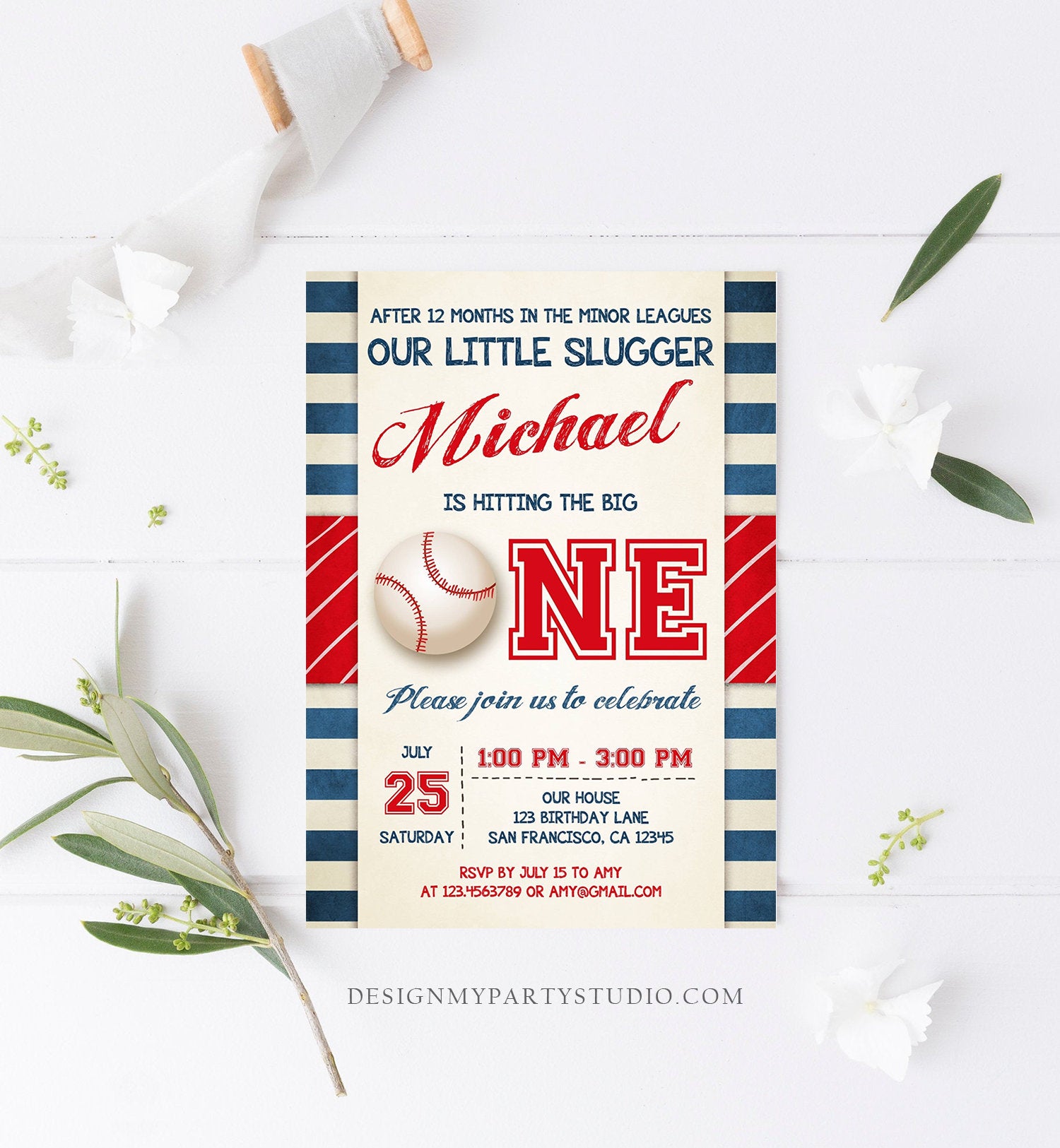Editable Baseball First Birthday Invitation Boy Little Slugger Rookie of The Year Download Printable Invitation Template Digital Corjl 0069