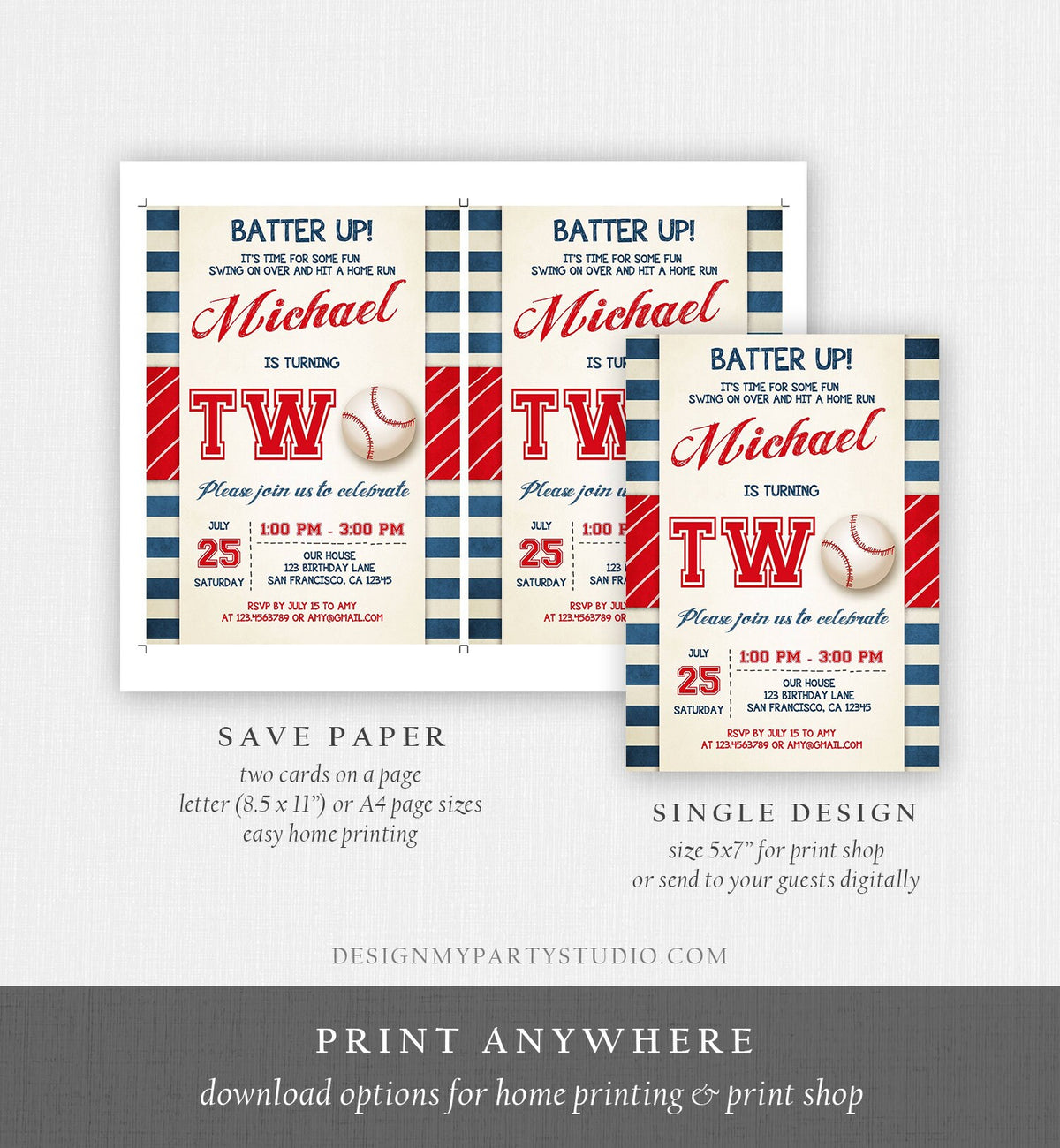 Editable Baseball 2nd Birthday Invitation Boy Little Slugger Rookie of The Year Download Printable Invitation Template Digital Corjl 0069