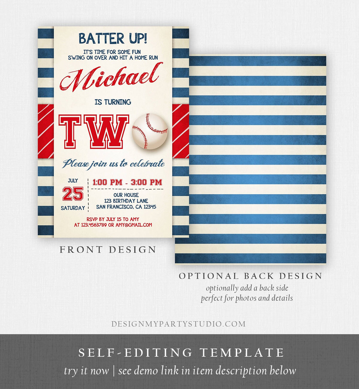 Editable Baseball 2nd Birthday Invitation Boy Little Slugger Rookie of The Year Download Printable Invitation Template Digital Corjl 0069