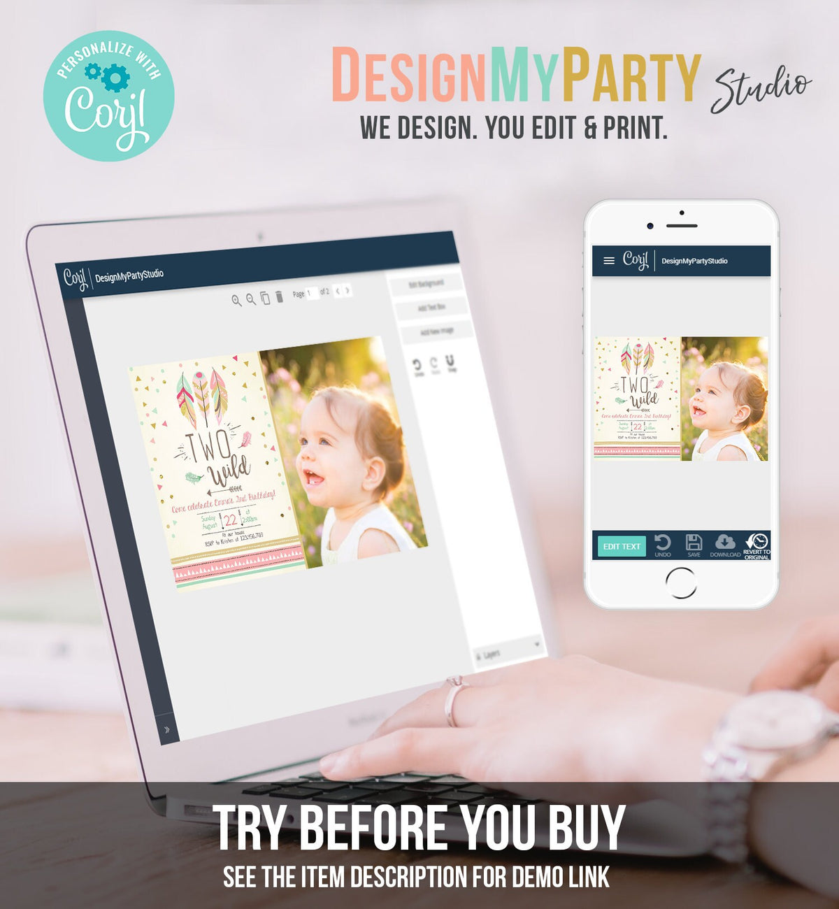 Editable Two Wild Birthday Invitation Feathers Tribal Girl Pink Boho Arrow Coral Mint Instant Download Printable Corjl Template Digital 0073