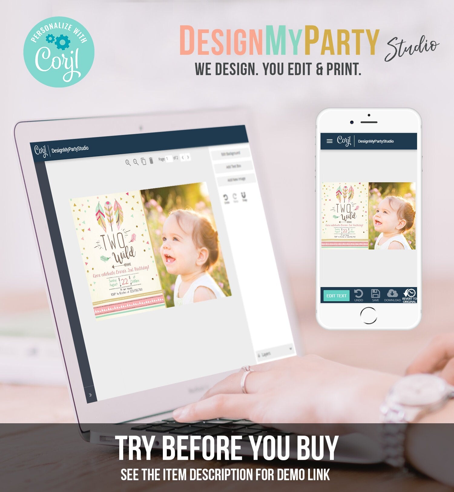 Editable Two Wild Birthday Invitation Feathers Tribal Girl Pink Boho Arrow Coral Mint Instant Download Printable Corjl Template Digital 0073