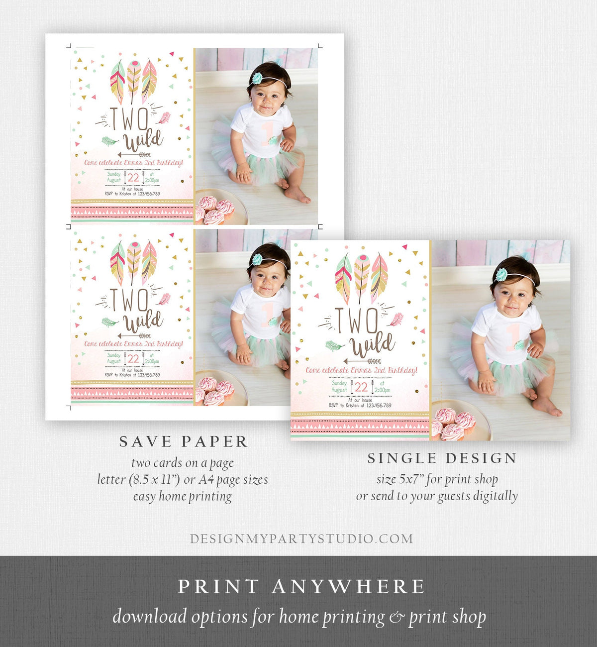 Editable Two Wild Birthday Invitation Feathers Tribal Girl Pink Boho Arrow Coral Mint Instant Download Printable Corjl Template Digital 0073