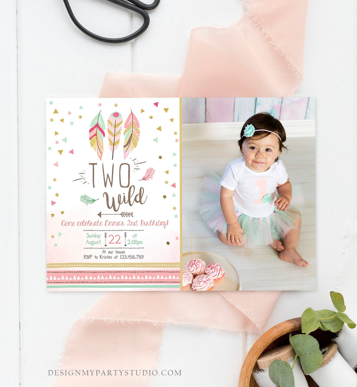 Editable Two Wild Birthday Invitation Feathers Tribal Girl Pink Boho Arrow Coral Mint Instant Download Printable Corjl Template Digital 0073