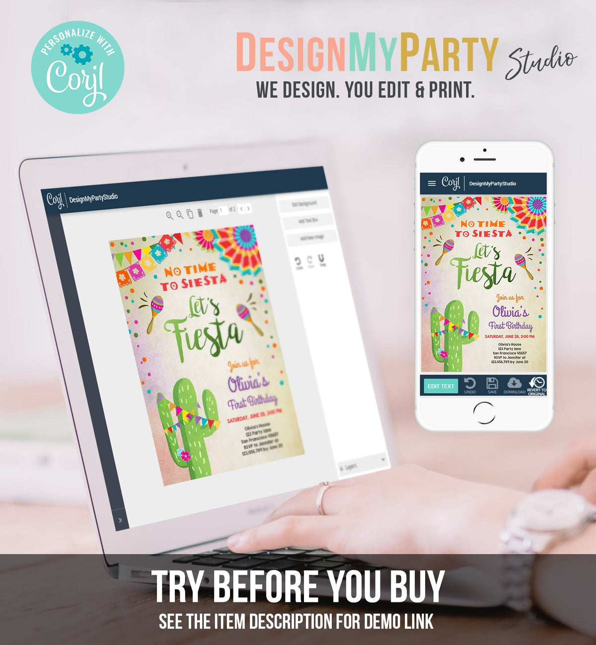 Editable Let&#39;s Fiesta Birthday Invitation No Time To Siesta Girl Cactus Samba Confetti First Birthday Download Corjl Template Printable 0045