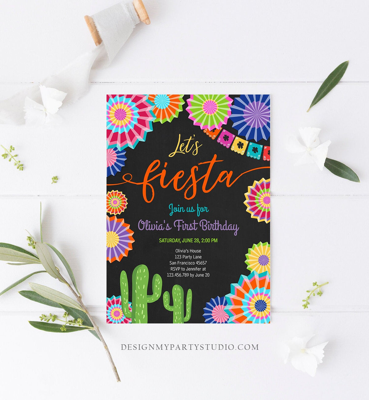 Editable Let's Fiesta Birthday Invitation ANY AGE Girl First Birthday Uno Cactus Cinco Mayo Mexican Download Corjl Template Printable 0236