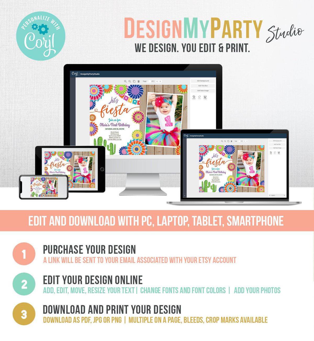 Editable Let&#39;s Fiesta Birthday Invitation ANY AGE Girl First Birthday Uno Cactus Cinco Mayo Mexican Photo Corjl Template Printable 0236