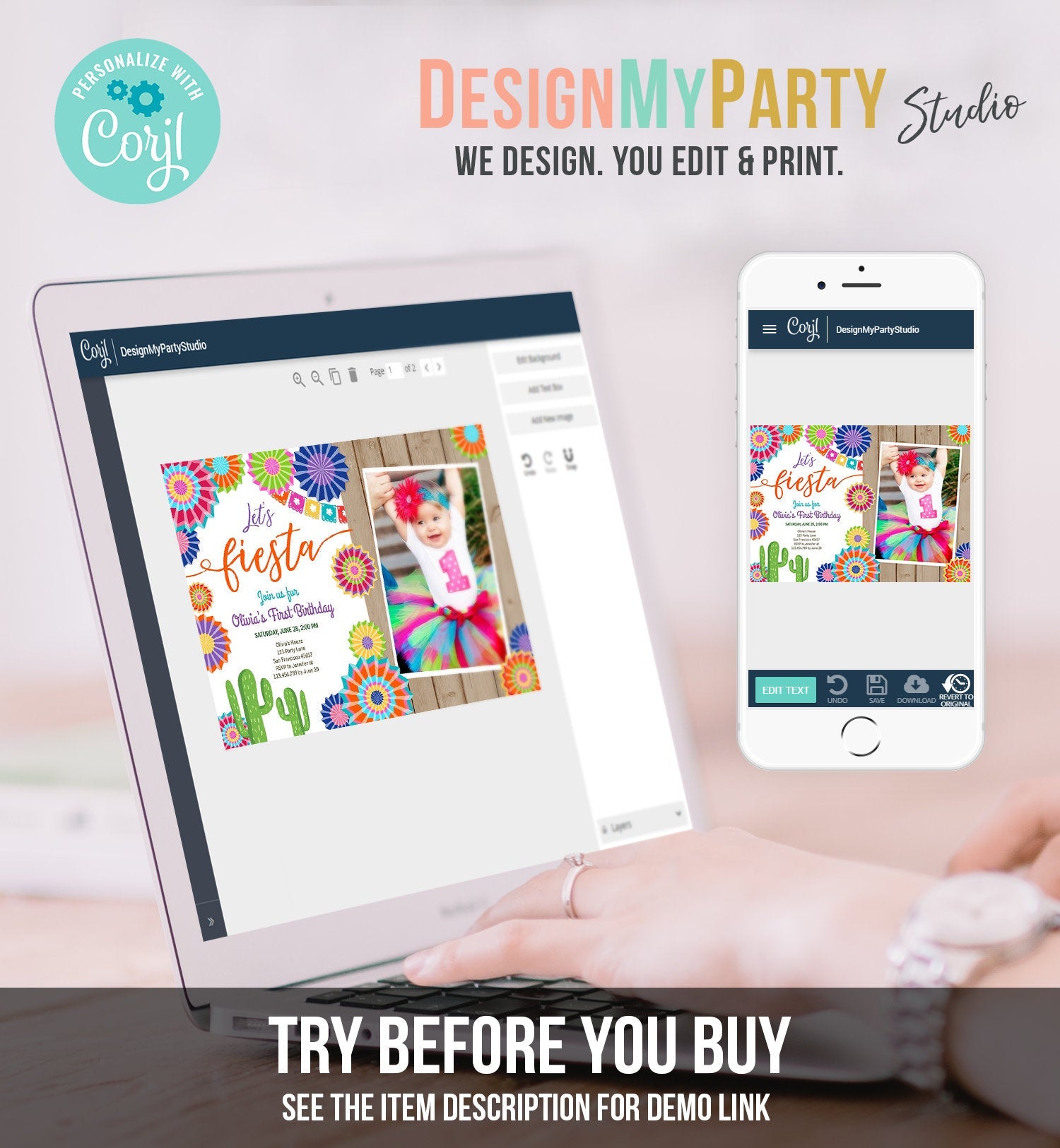 Editable Let's Fiesta Birthday Invitation ANY AGE Girl First Birthday Uno Cactus Cinco Mayo Mexican Photo Corjl Template Printable 0236