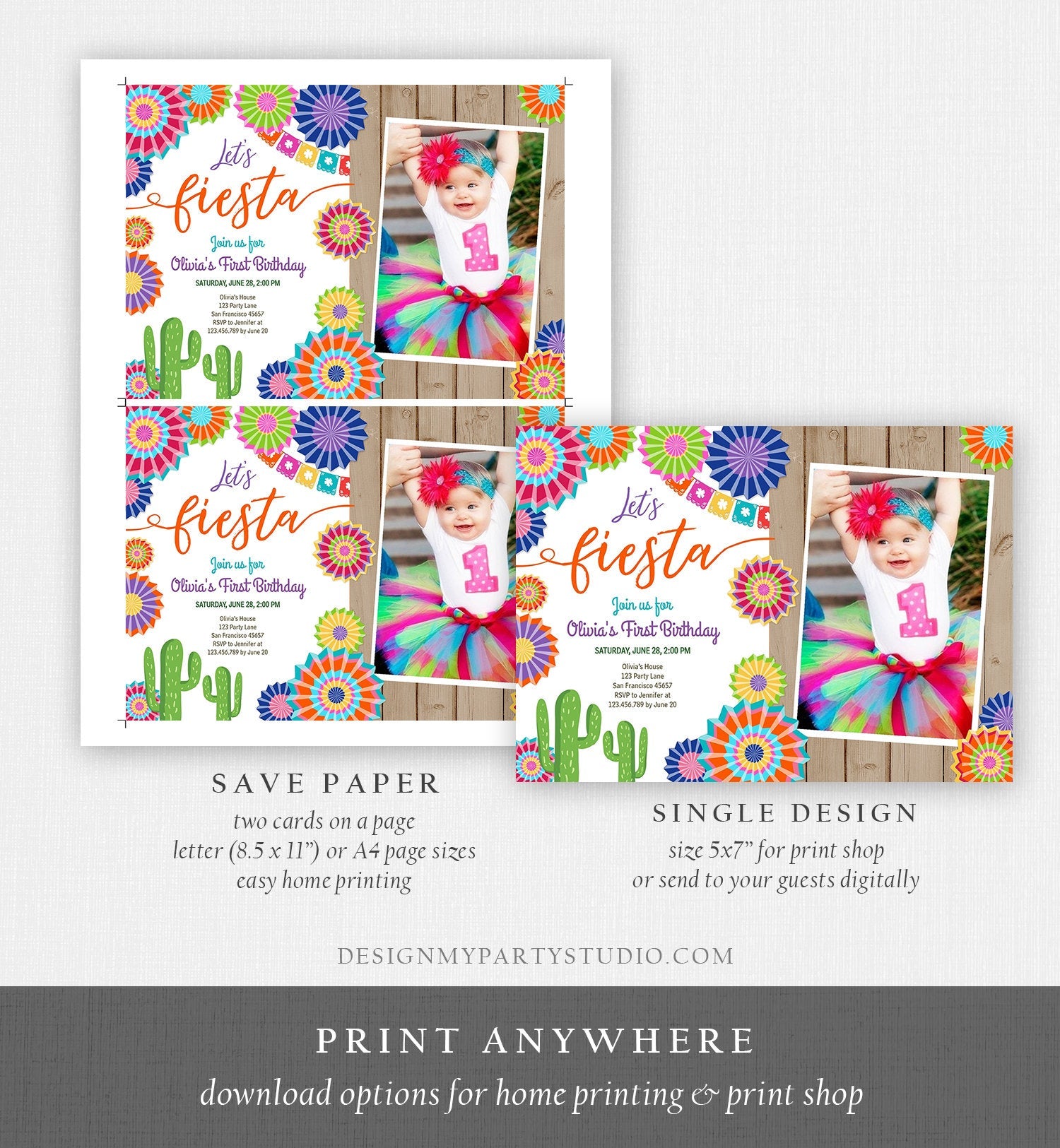Editable Let's Fiesta Birthday Invitation ANY AGE Girl First Birthday Uno Cactus Cinco Mayo Mexican Photo Corjl Template Printable 0236