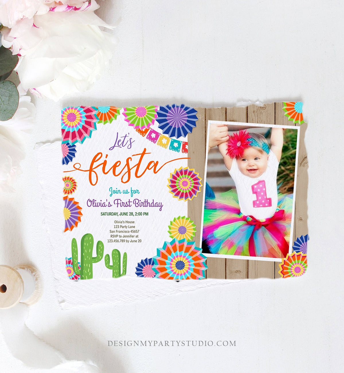 Editable Let&#39;s Fiesta Birthday Invitation ANY AGE Girl First Birthday Uno Cactus Cinco Mayo Mexican Photo Corjl Template Printable 0236