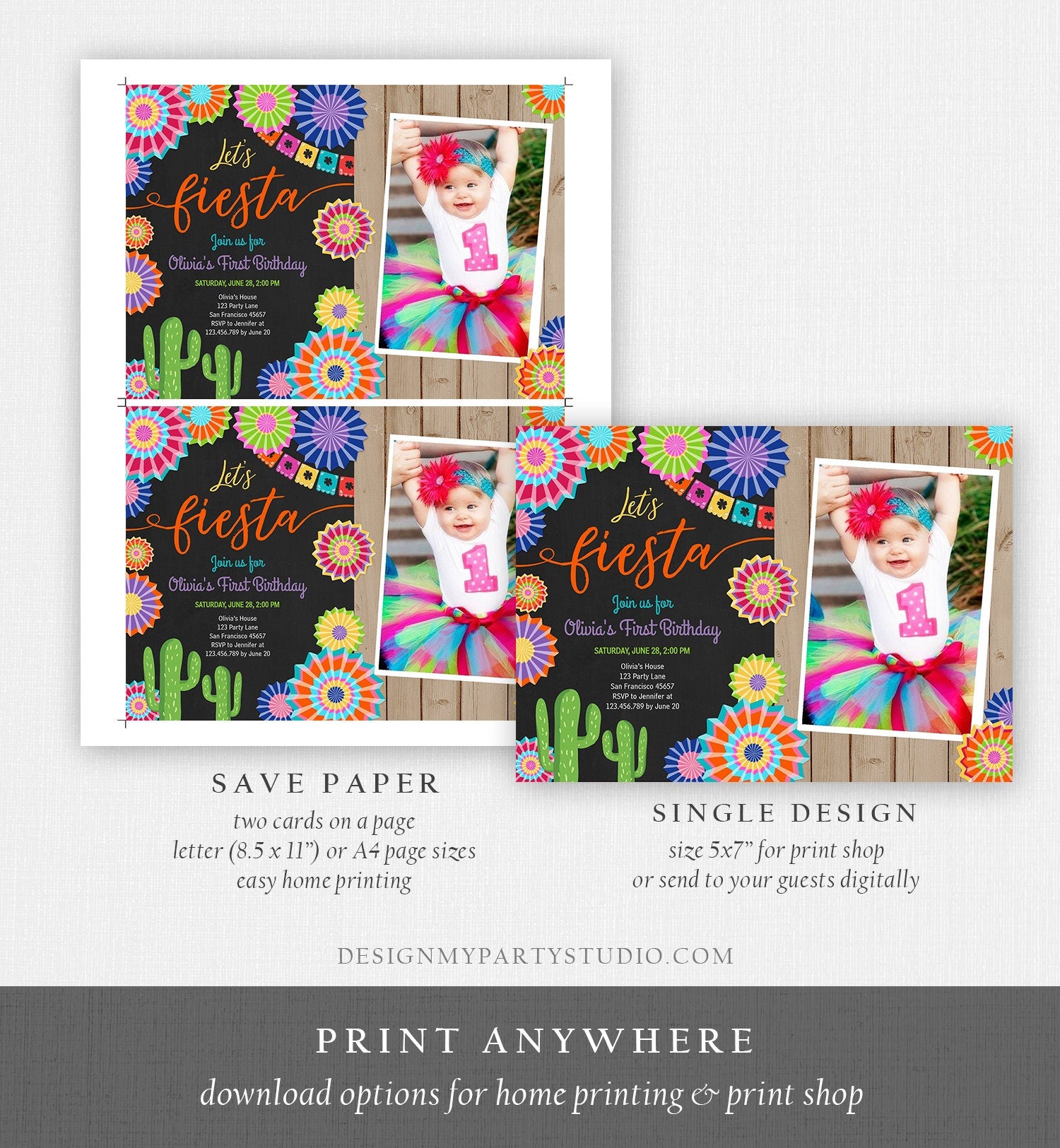 Editable Let's Fiesta Birthday Invitation ANY AGE Girl First Birthday Uno Cactus Cinco Mayo Mexican Download Corjl Template Printable 0236