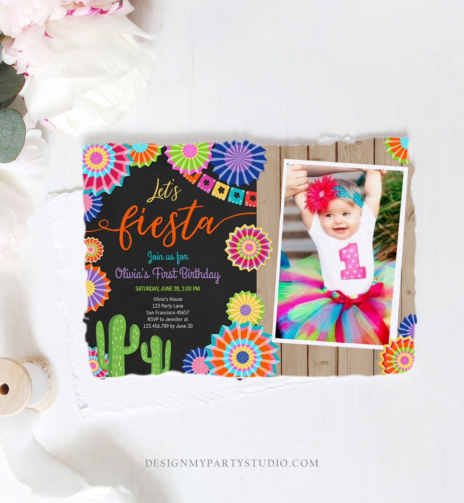 Editable Let's Fiesta Birthday Invitation ANY AGE Girl First Birthday Uno Cactus Cinco Mayo Mexican Download Corjl Template Printable 0236