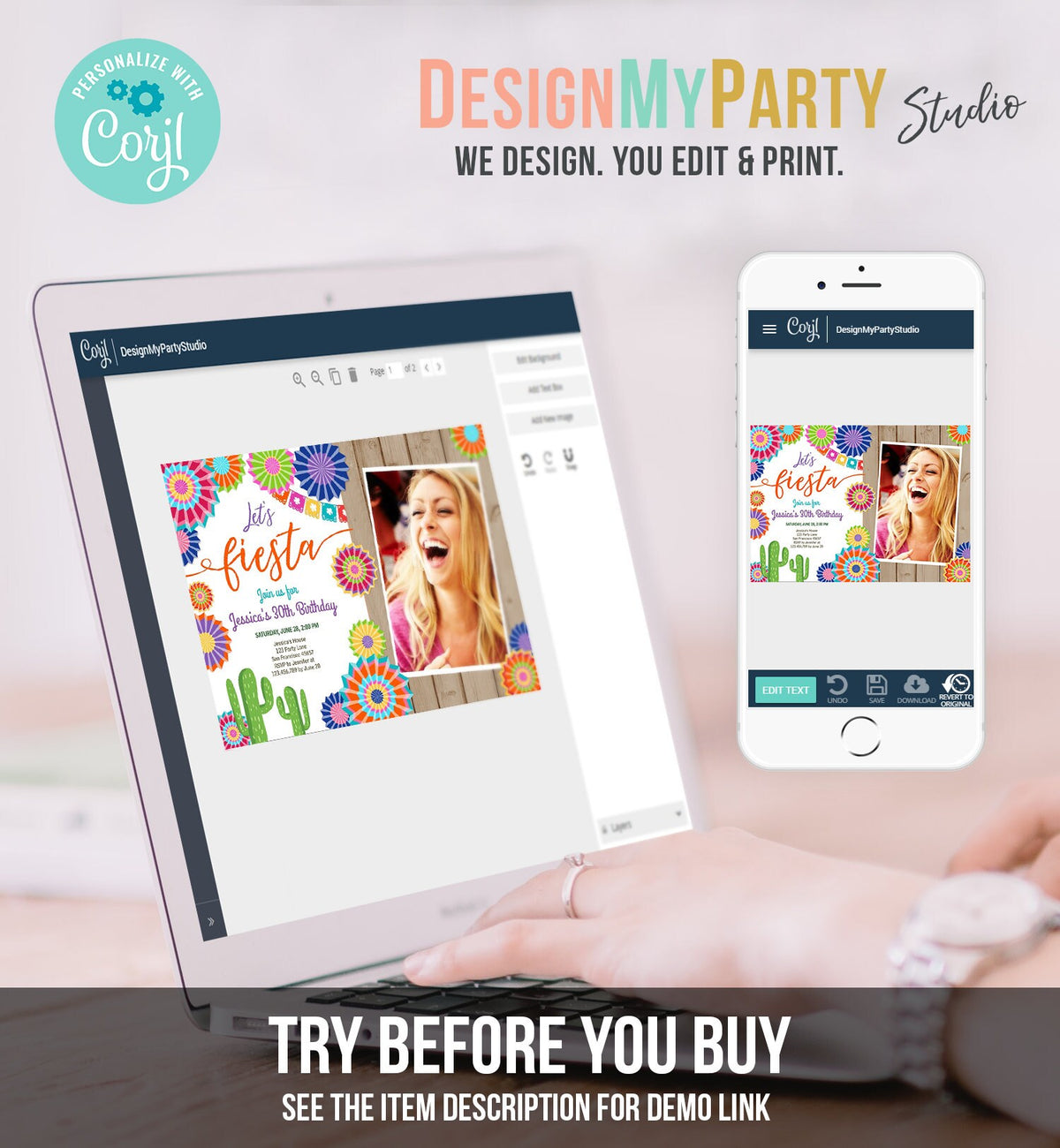 Editable Let&#39;s Fiesta Birthday Invitation ANY AGE Girl Woman Adult 30th Cactus Cinco Mayo Mexican Party Photo Corjl Template Printable 0236