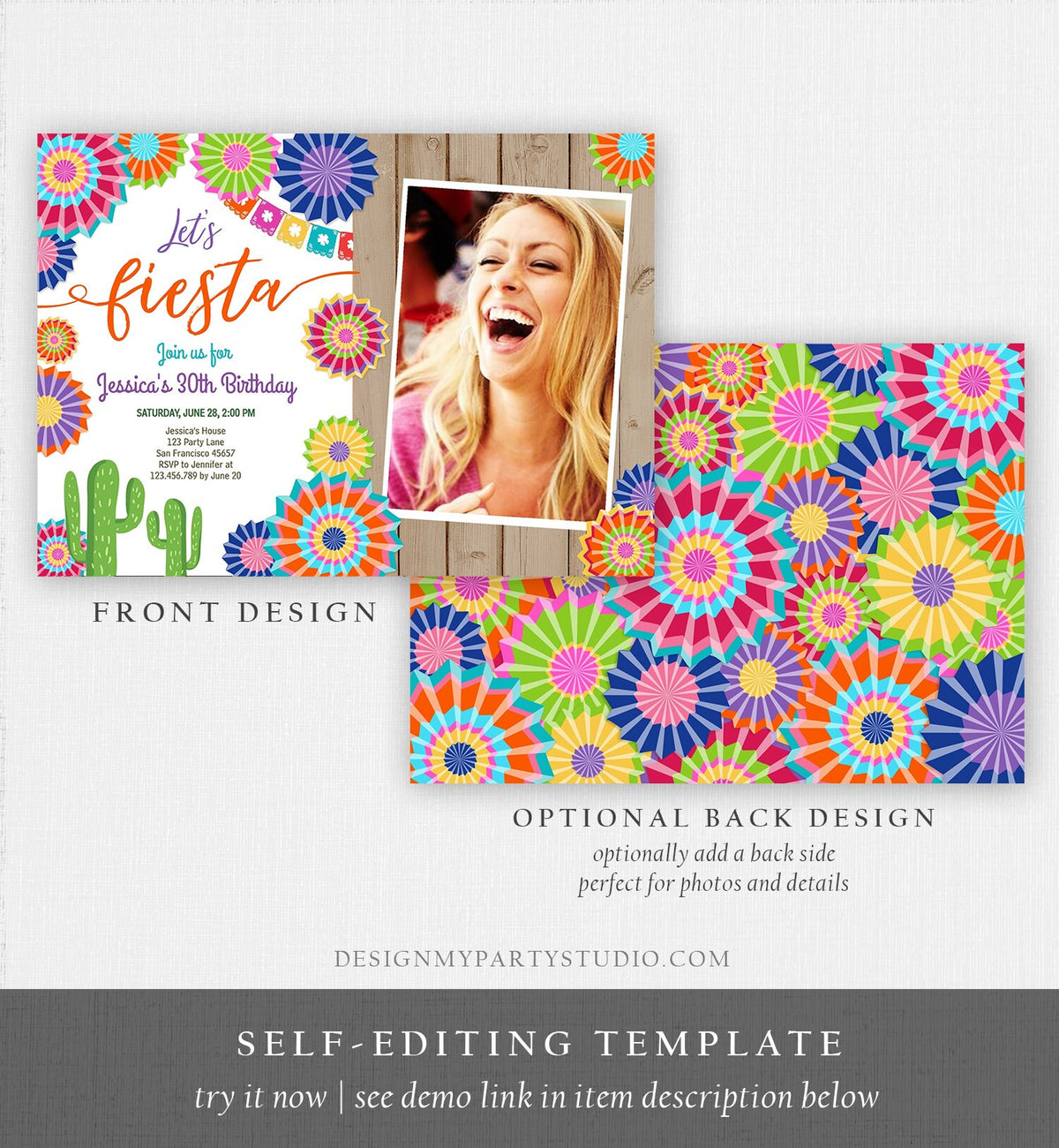 Editable Let&#39;s Fiesta Birthday Invitation ANY AGE Girl Woman Adult 30th Cactus Cinco Mayo Mexican Party Photo Corjl Template Printable 0236