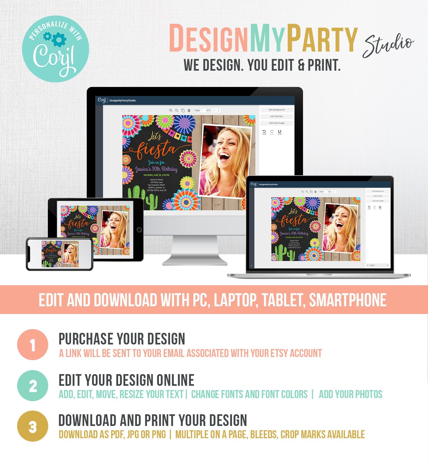 Editable Let's Fiesta Birthday Invitation ANY AGE Girl Woman Adult 30th Cactus Cinco Mayo Mexican Party Photo Corjl Template Printable 0236