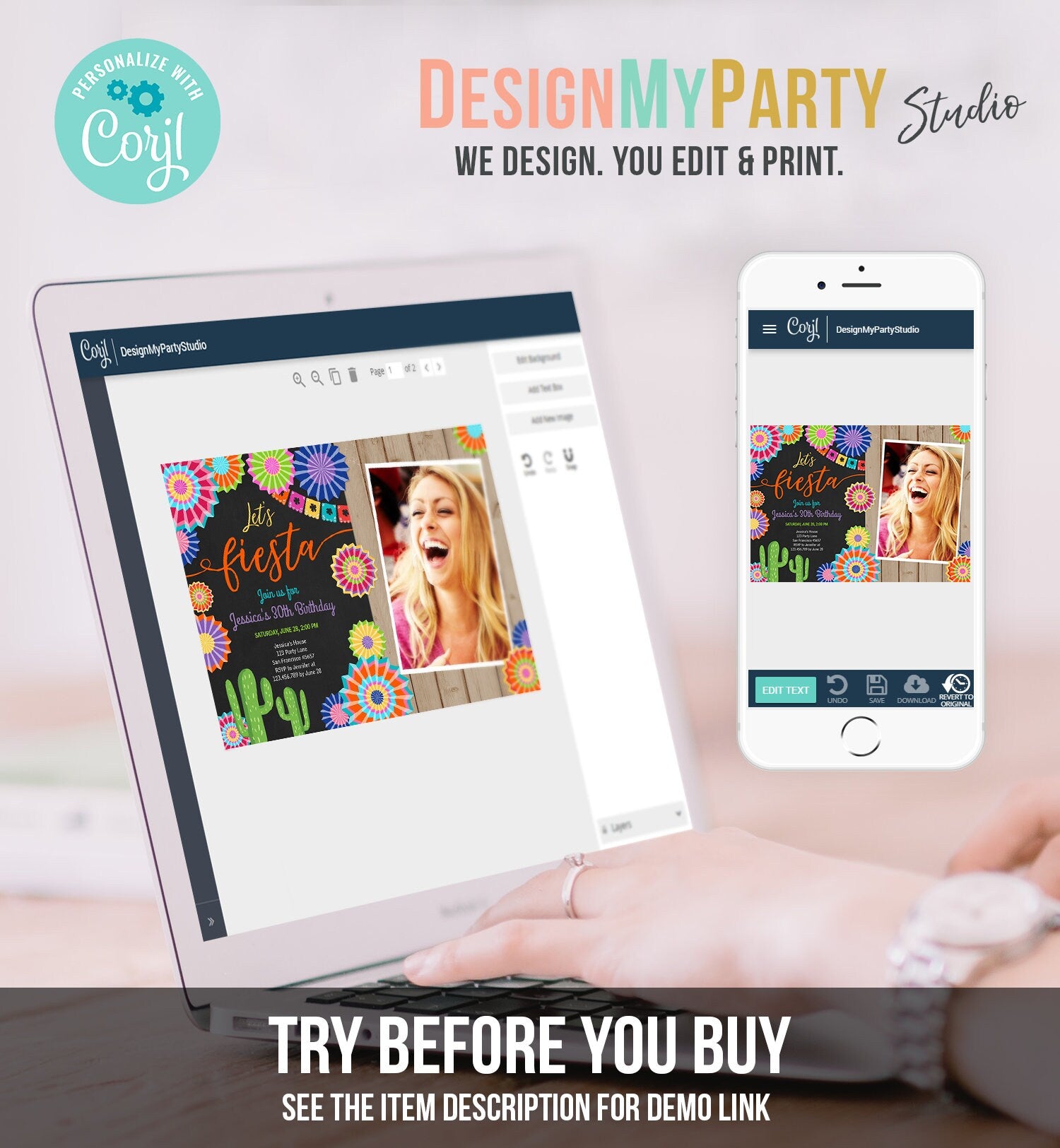 Editable Let's Fiesta Birthday Invitation ANY AGE Girl Woman Adult 30th Cactus Cinco Mayo Mexican Party Photo Corjl Template Printable 0236