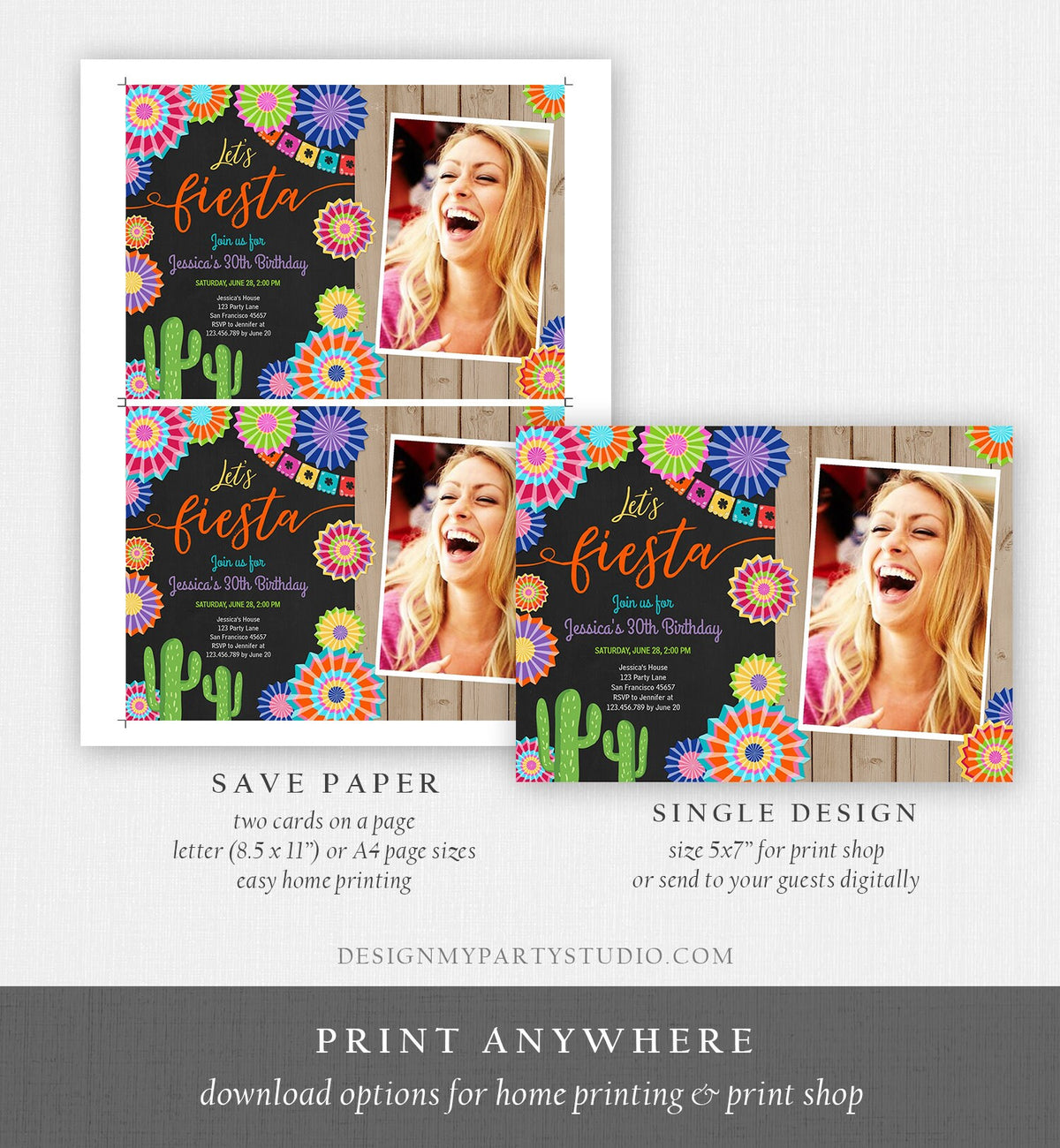 Editable Let&#39;s Fiesta Birthday Invitation ANY AGE Girl Woman Adult 30th Cactus Cinco Mayo Mexican Party Photo Corjl Template Printable 0236