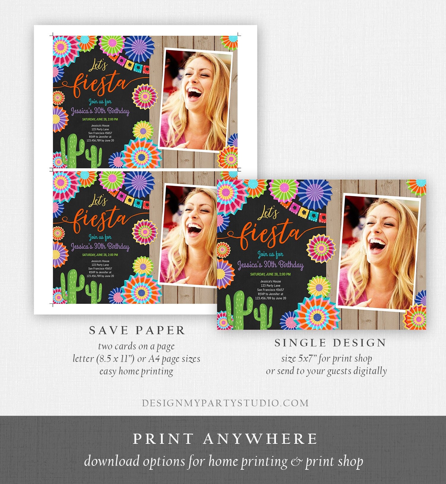 Editable Let's Fiesta Birthday Invitation ANY AGE Girl Woman Adult 30th Cactus Cinco Mayo Mexican Party Photo Corjl Template Printable 0236