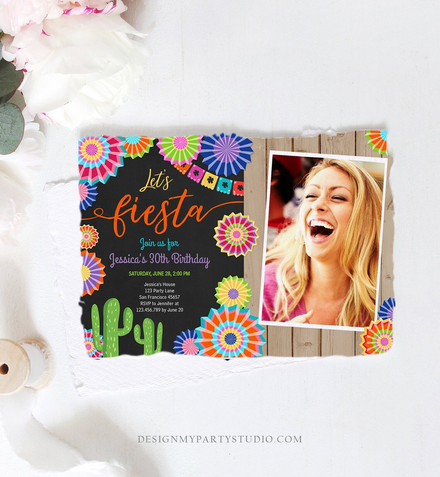 Editable Let's Fiesta Birthday Invitation ANY AGE Girl Woman Adult 30th Cactus Cinco Mayo Mexican Party Photo Corjl Template Printable 0236