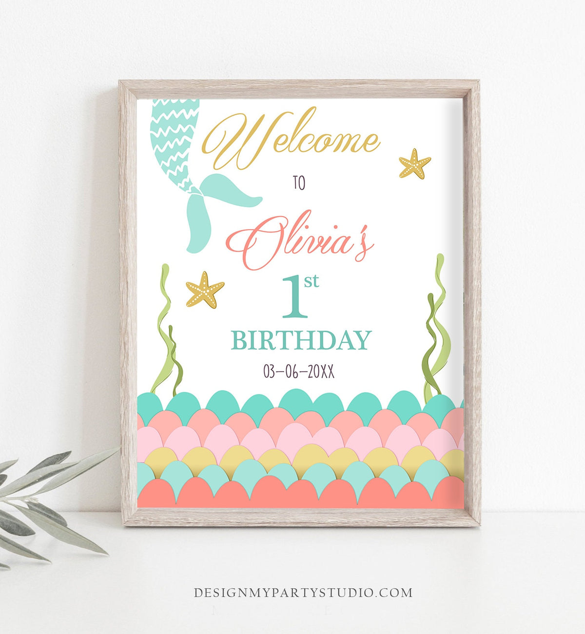 Editable Mermaid Birthday Welcome Sign Girl Mermaid Birthday Welcome Sign Under The Sea Coral Mermaid Tail Template Corjl PRINTABLE 0021