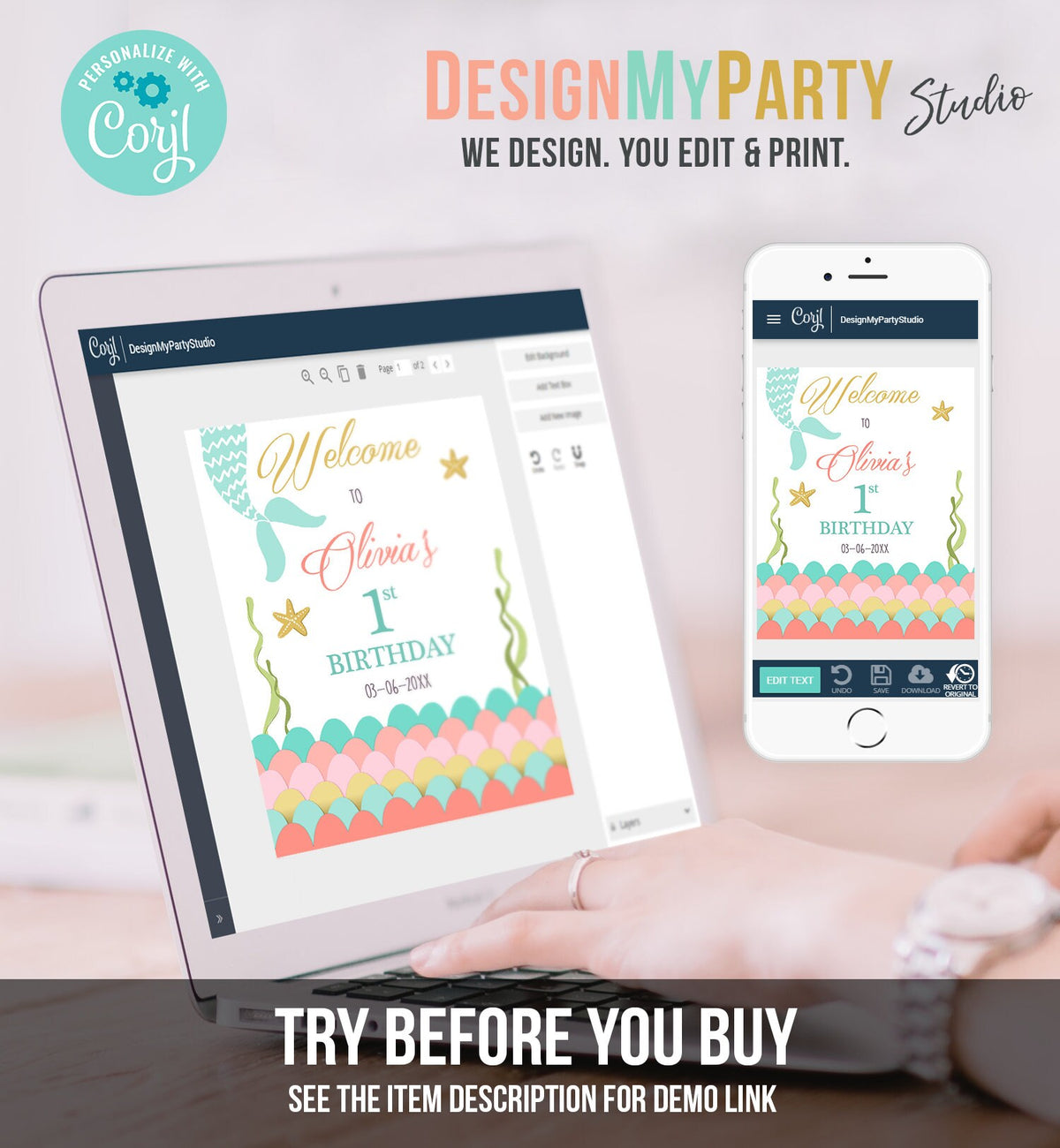 Editable Mermaid Birthday Welcome Sign Girl Mermaid Birthday Welcome Sign Under The Sea Coral Mermaid Tail Template Corjl PRINTABLE 0021