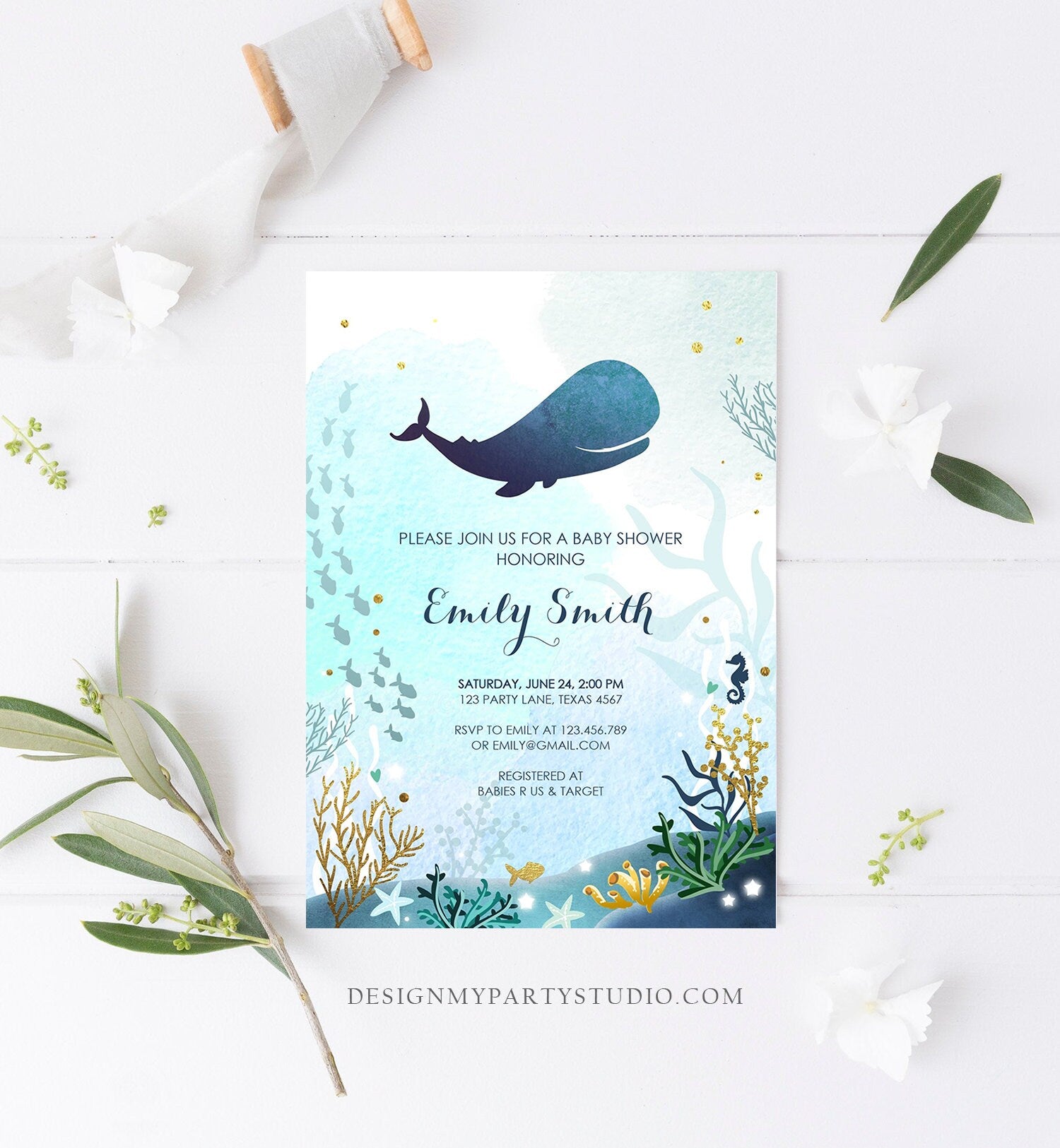 Editable Baby Shower Invitation Nautical Whale Baby Shower Invite Its a Boy Ocean Ahoy Watercolor Download Printable Template Corjl 0118